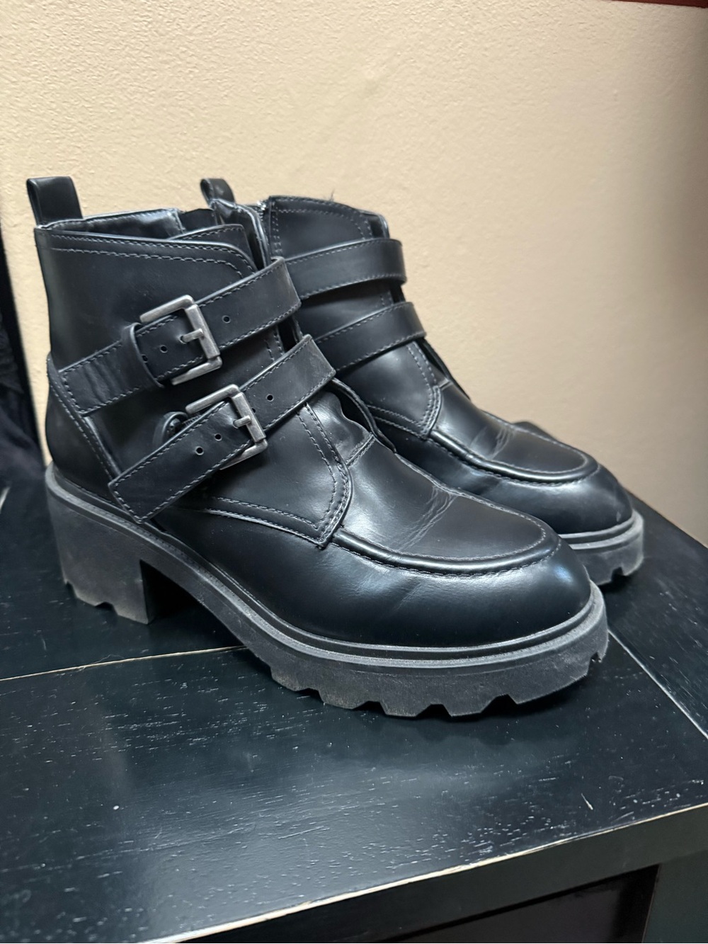 Kensie Black Double-Buckle Chunky Heel Ankle Boots